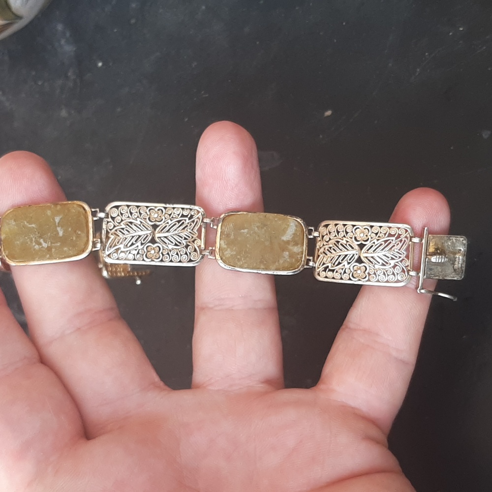 Antique Sterling Germany jade filligree bracelet